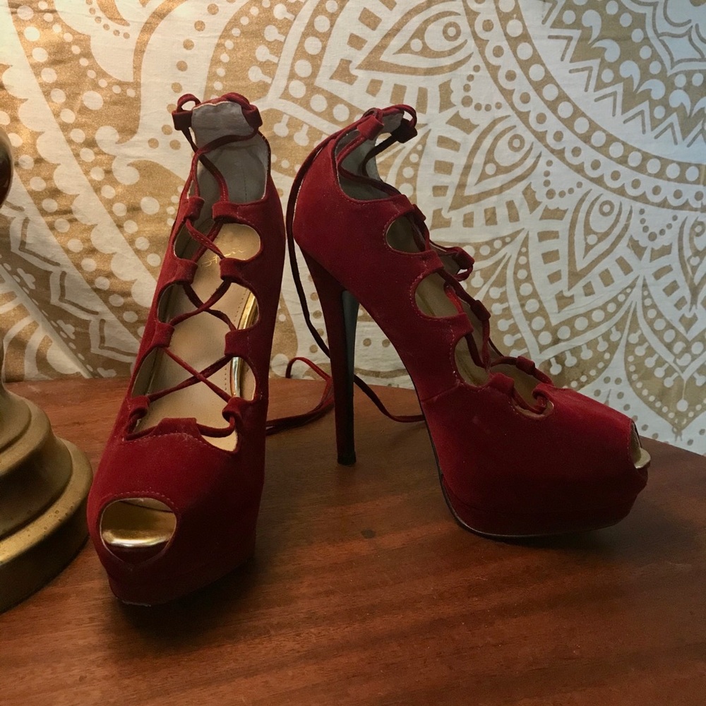 Velvet Lace Up Platform Heels